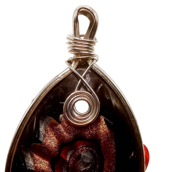 Pendant Handmade Black Abstract Swirl Design Metallic Glass Wire Wrap Accents - Picture 2 of 10